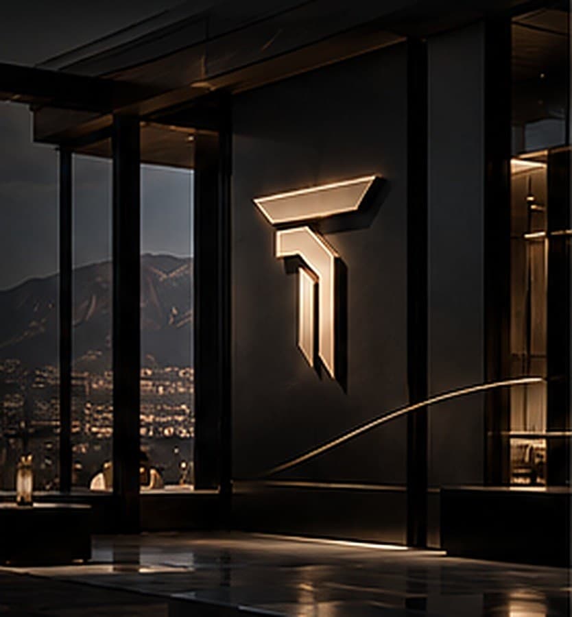 A quiet luxury lobby with the CoveredTower mark on the wall